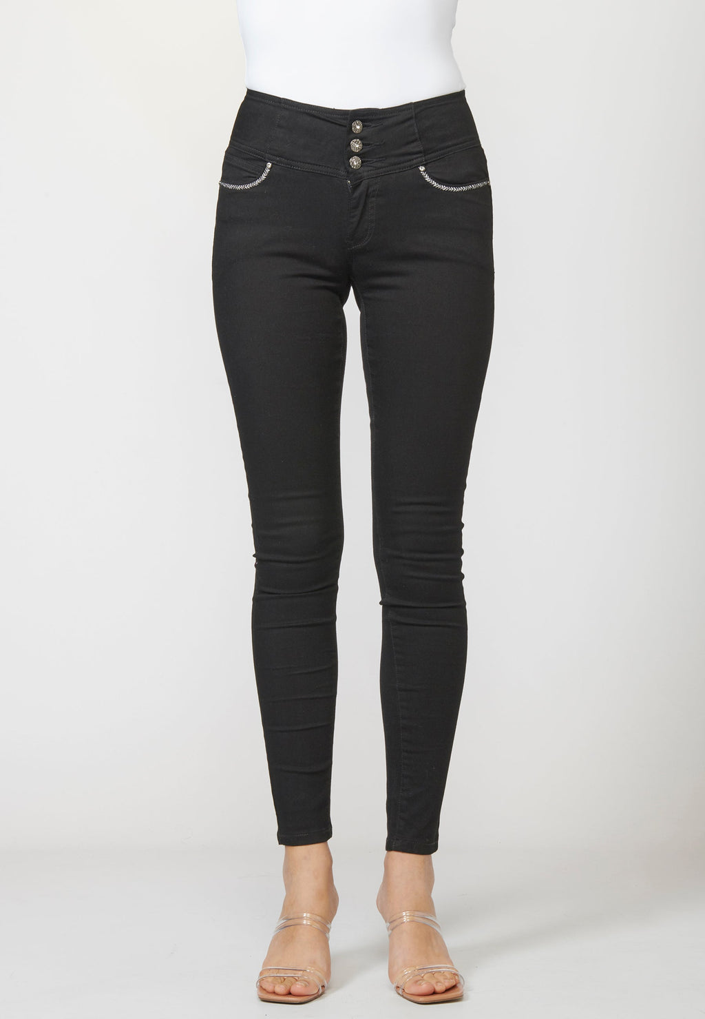 Pantalón de mujer slim fit con detalles bordados en bolsillos y sarga elástica