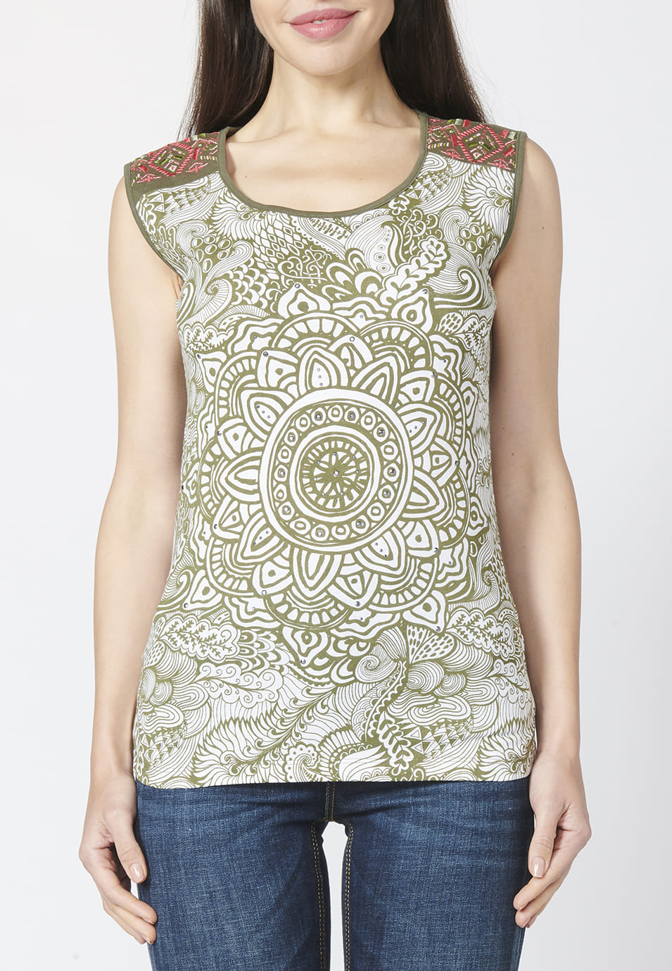 Top sin mangas estampado étnico coral | moda urbana