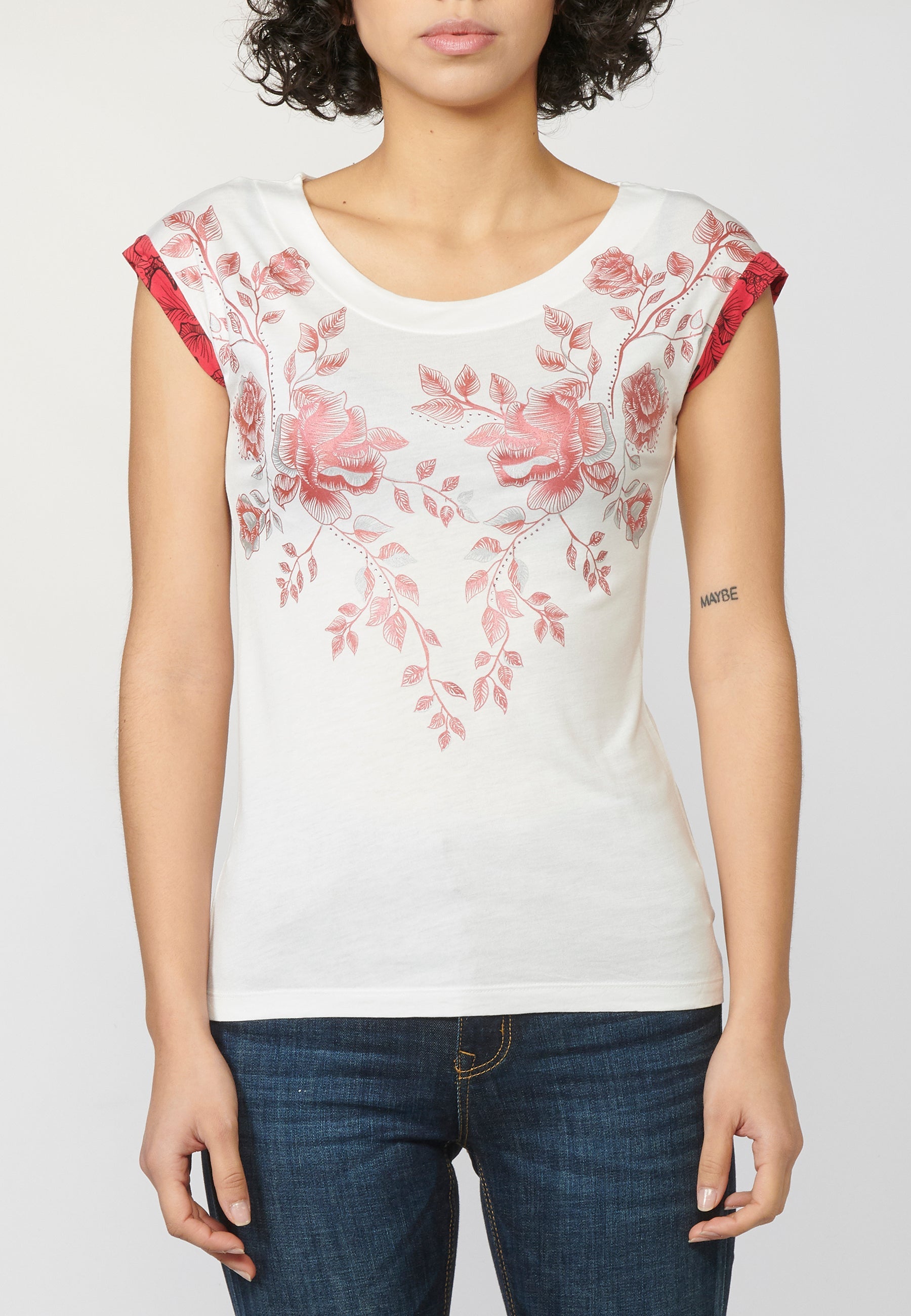 Camiseta top de manga corta con escote redondo y estampado de flores | estilo y comodidad