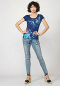 Camiseta top manga corta con escote redondo y estampado floral para mujer