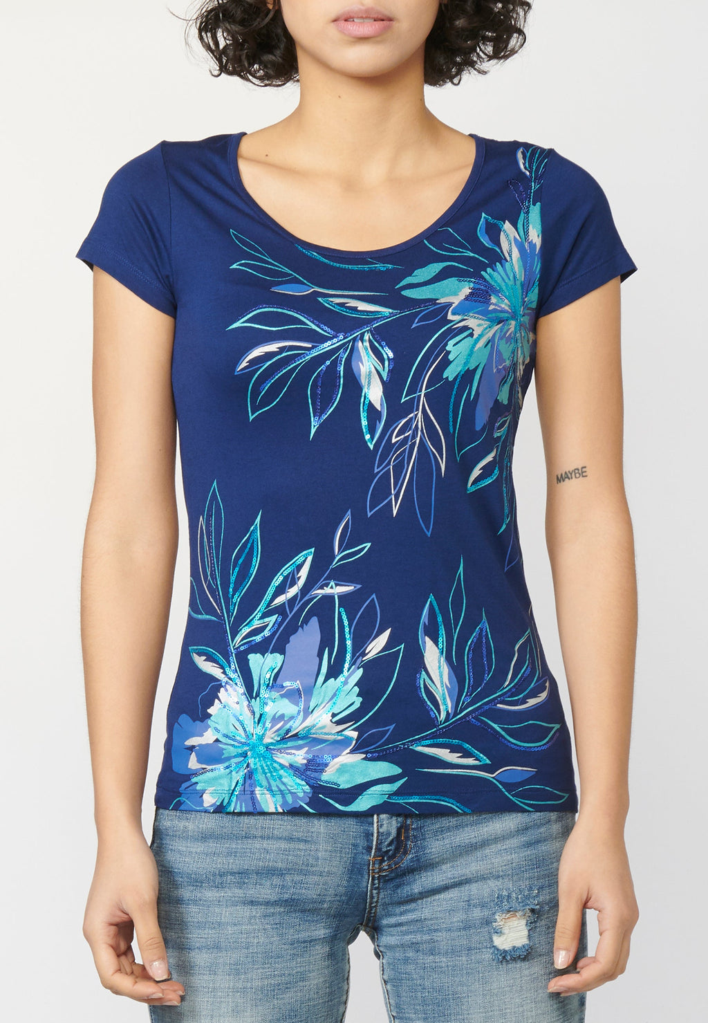 Camiseta top manga corta con escote redondo y estampado floral para mujer