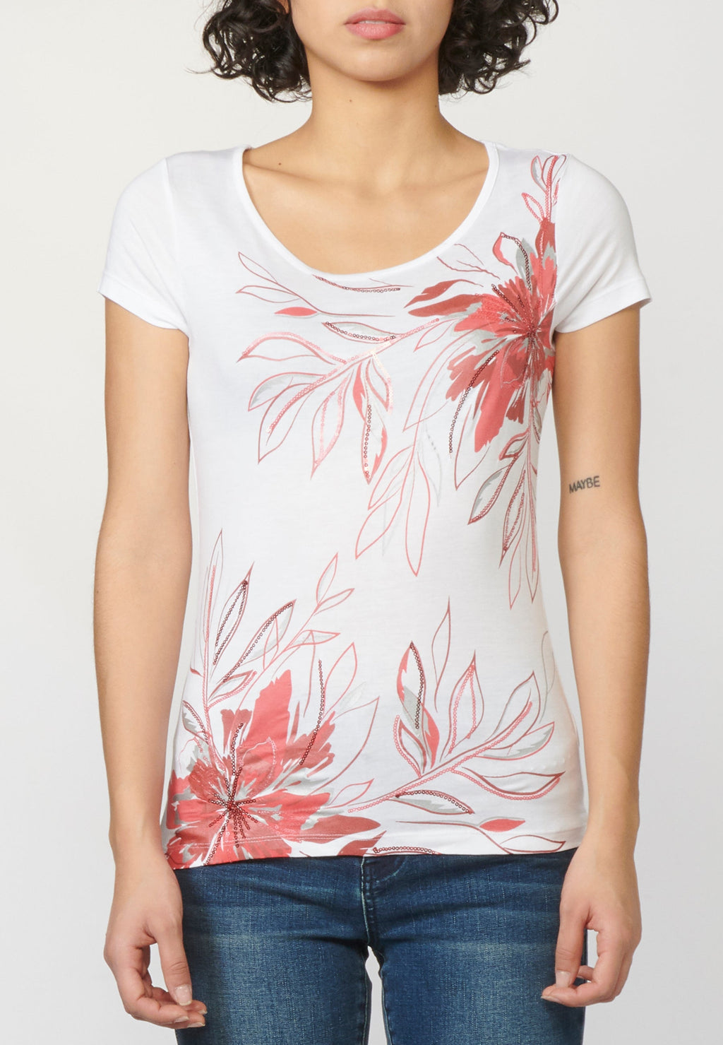 Camiseta top manga corta con escote redondo y estampado floral para mujer