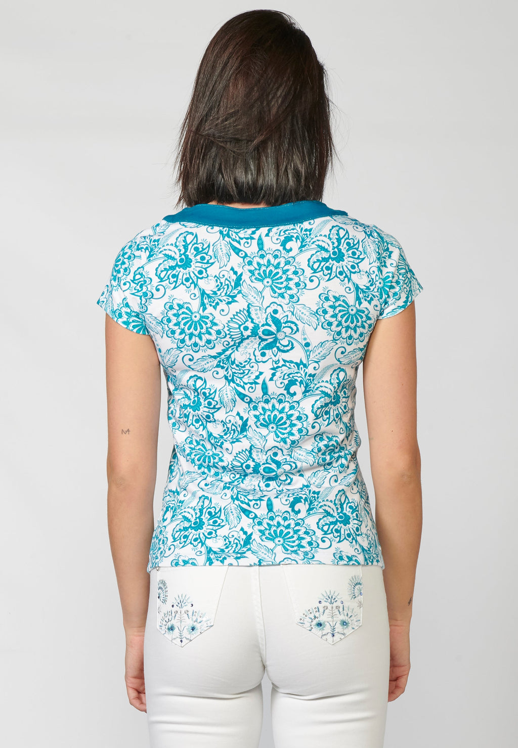 Camiseta top manga corta de algodón con escote de pico cruzado y estampado floral para mujer