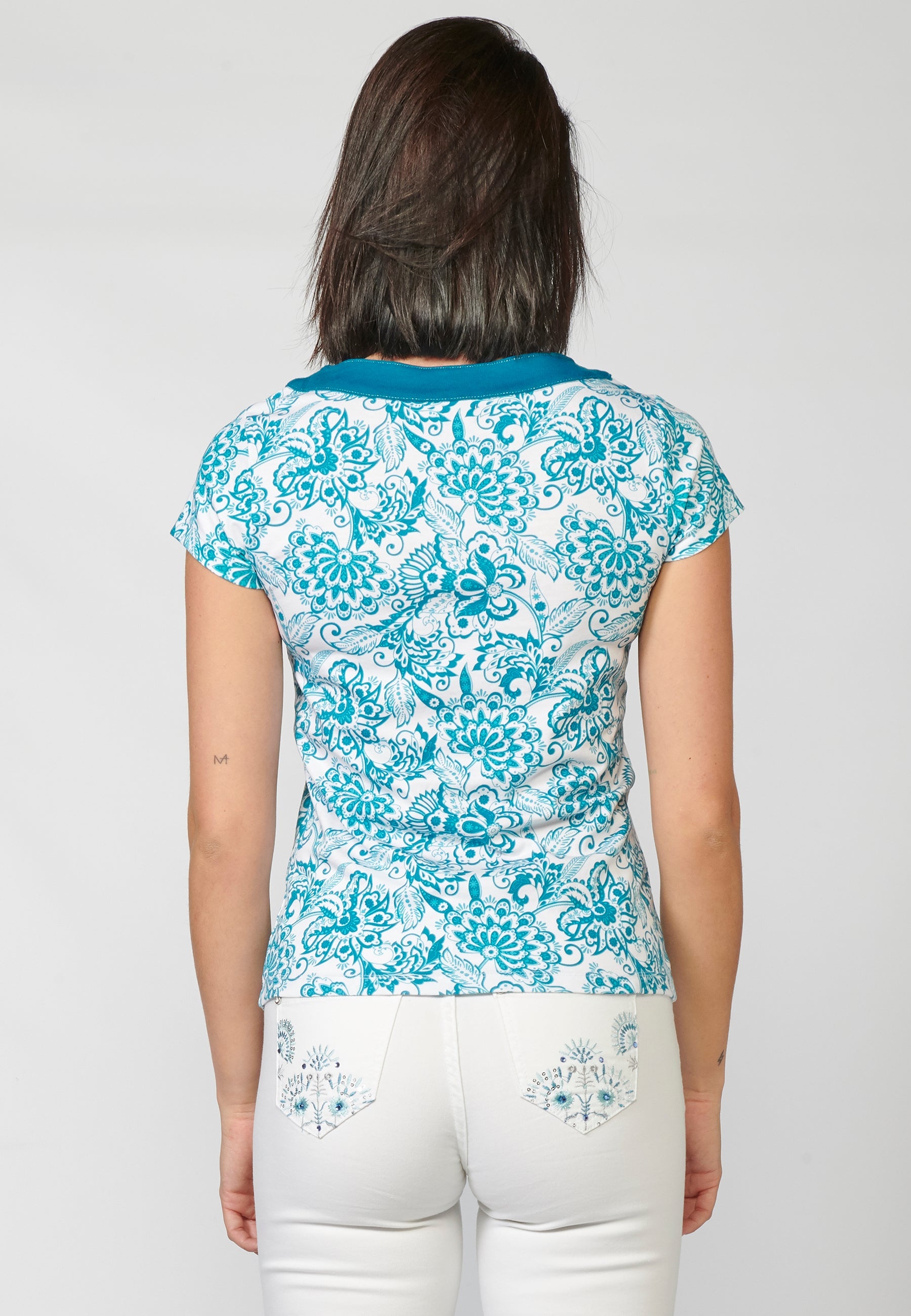 Camiseta top manga corta de algodón con escote de pico cruzado y estampado floral para mujer