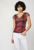 Camiseta top de manga corta con cuello en pico y estampado tropical multicolor para mujer