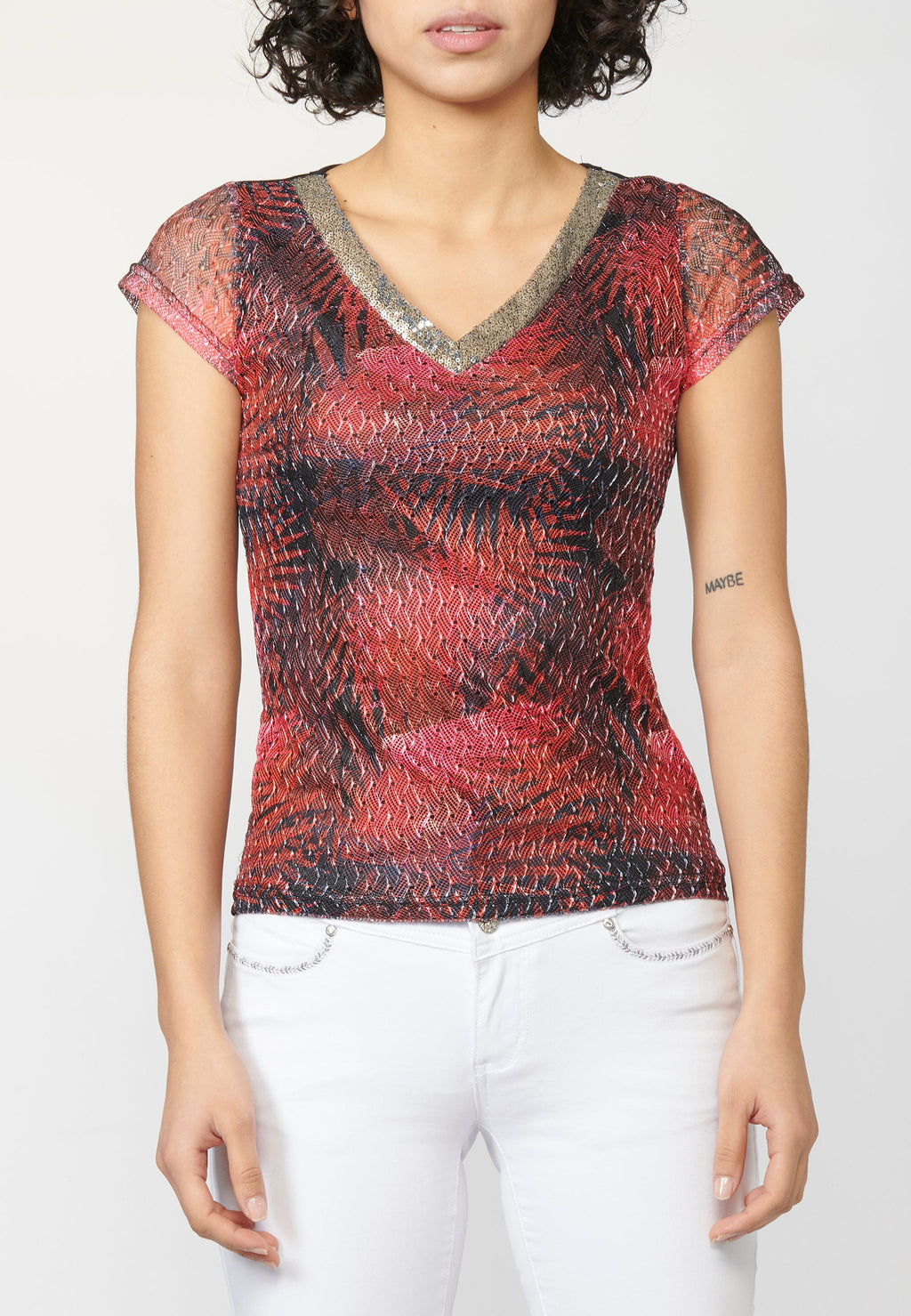 Camiseta top de manga corta con cuello en pico y estampado tropical multicolor para mujer