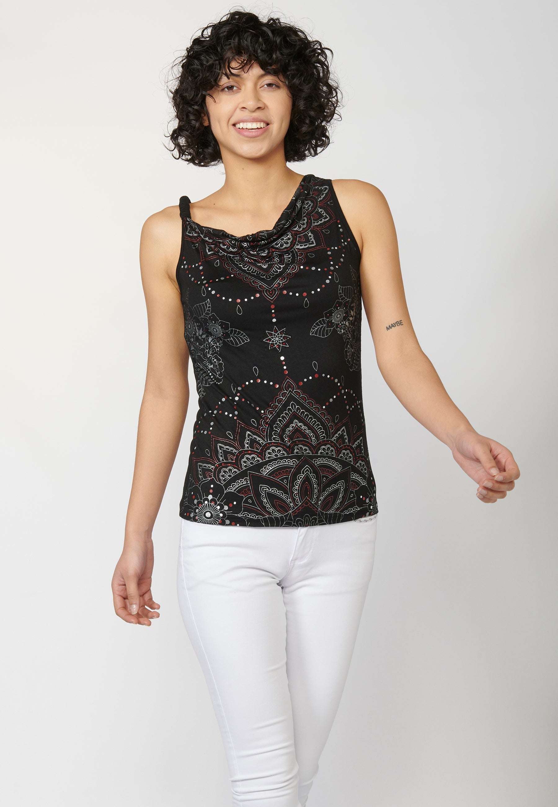 Camiseta top tirantes con escote holgado y estampado étnico floral para mujer