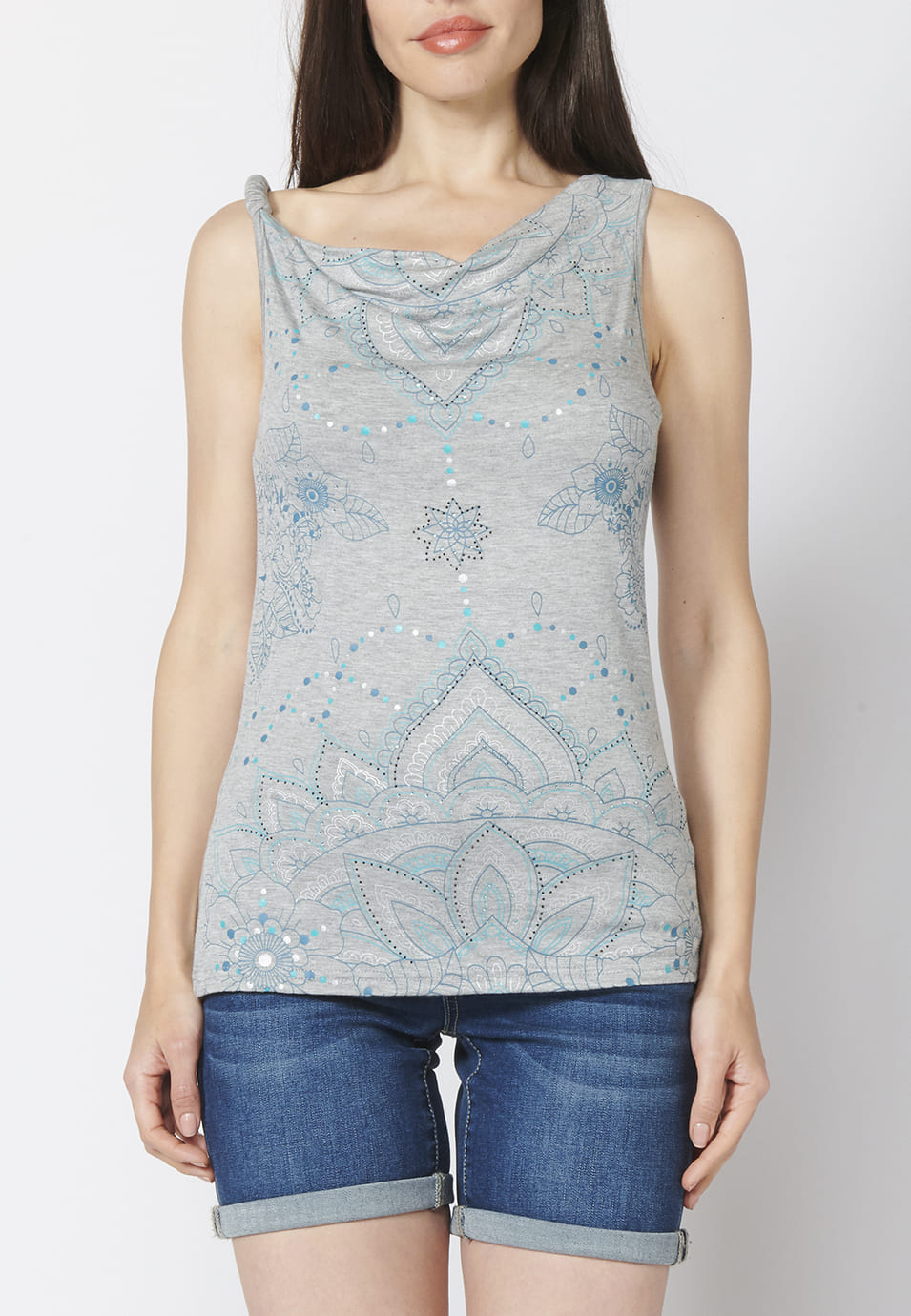 Camiseta top tirantes con escote holgado y estampado étnico floral para mujer
