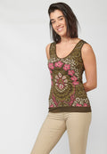 Camiseta top tirantes fluido con escote redondo y estampado étnico floral para mujer