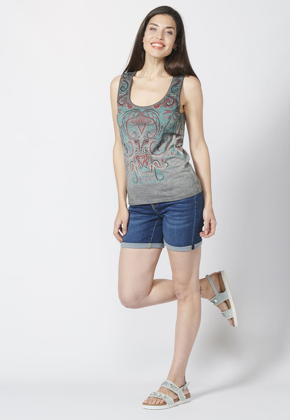 Camiseta top estampado de algodón con cuello redondo para mujer