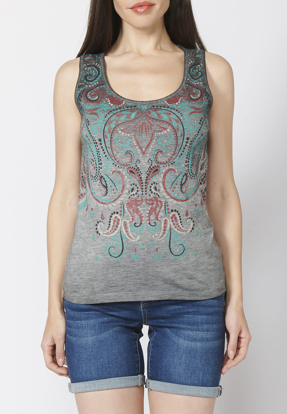 Camiseta top estampado de algodón con cuello redondo para mujer