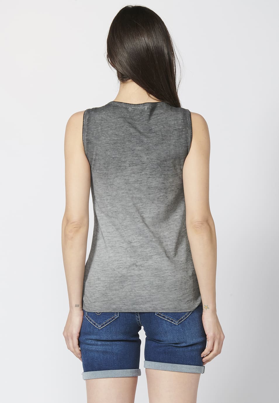 Camiseta top estampado de algodón con cuello redondo para mujer