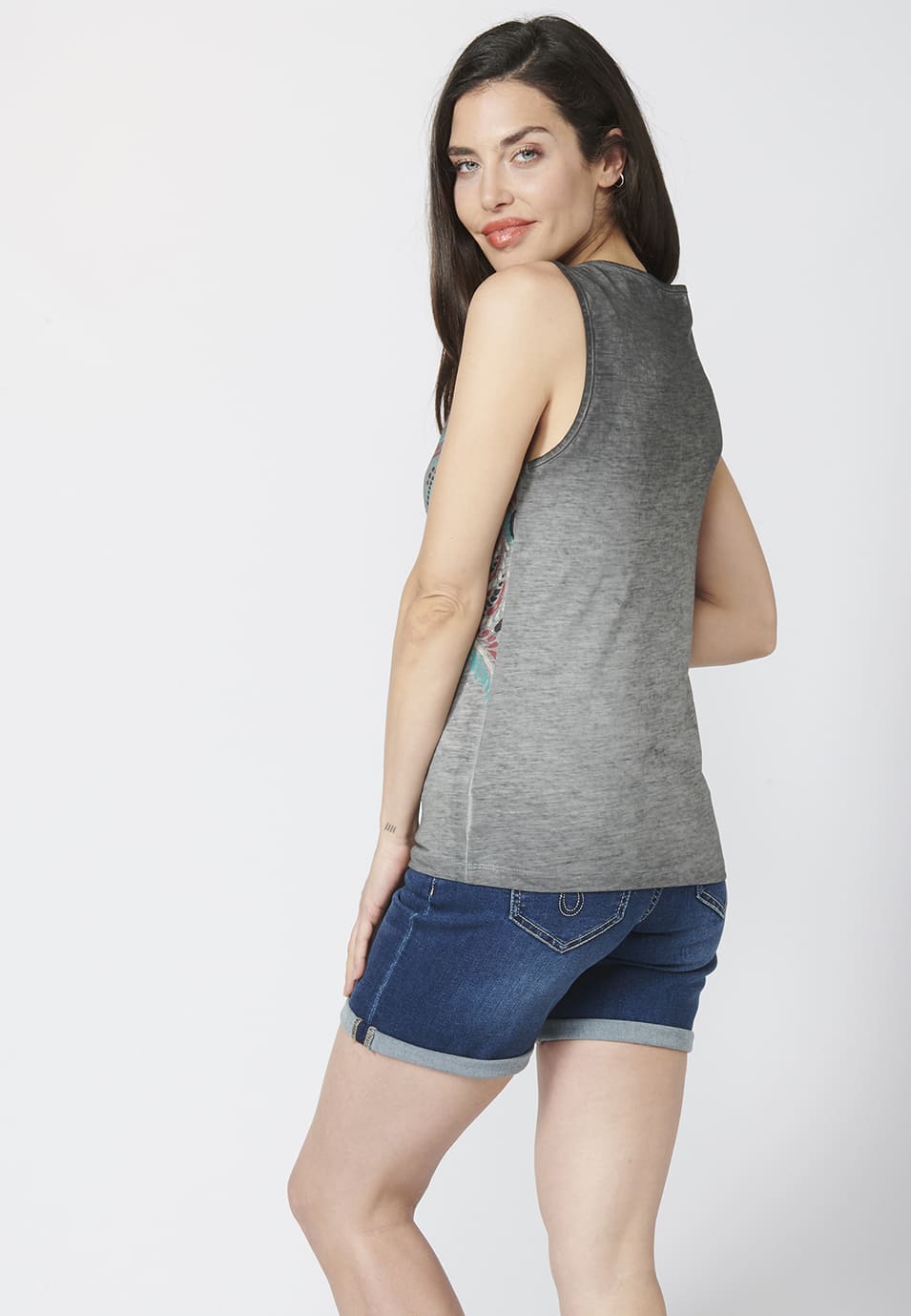 Camiseta top estampado de algodón con cuello redondo para mujer
