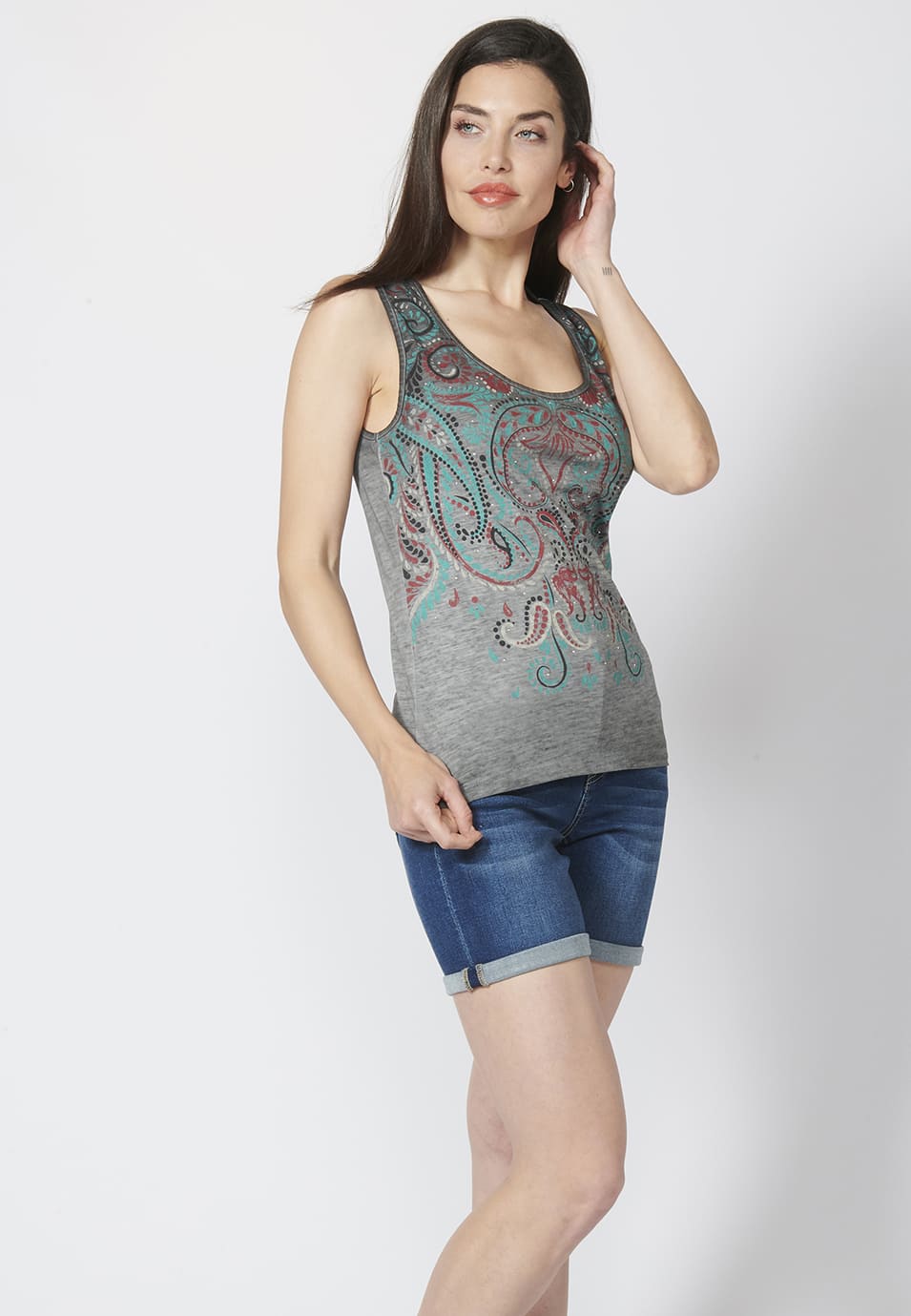 Camiseta top estampado de algodón con cuello redondo para mujer