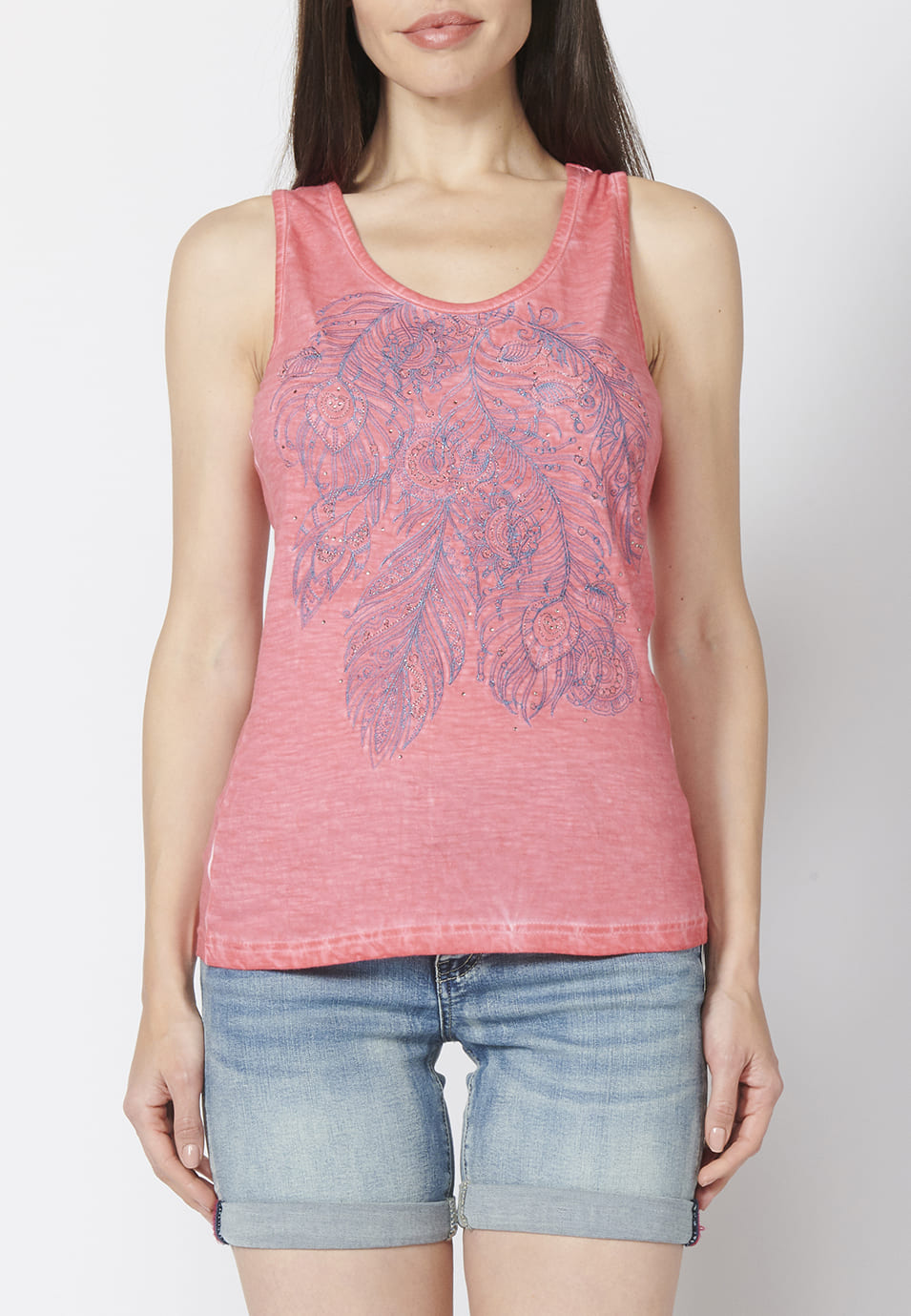 Camiseta top tirantes de algodón con escote redondo y estampado efecto lavado para mujer