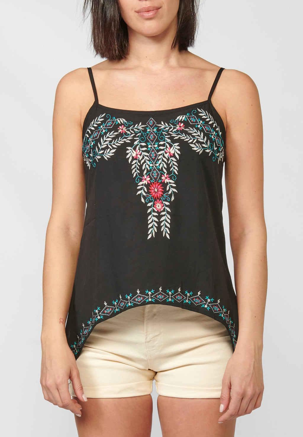 Camiseta top tirantes ajustables, acabado en picos y detalles bordados florales para mujer