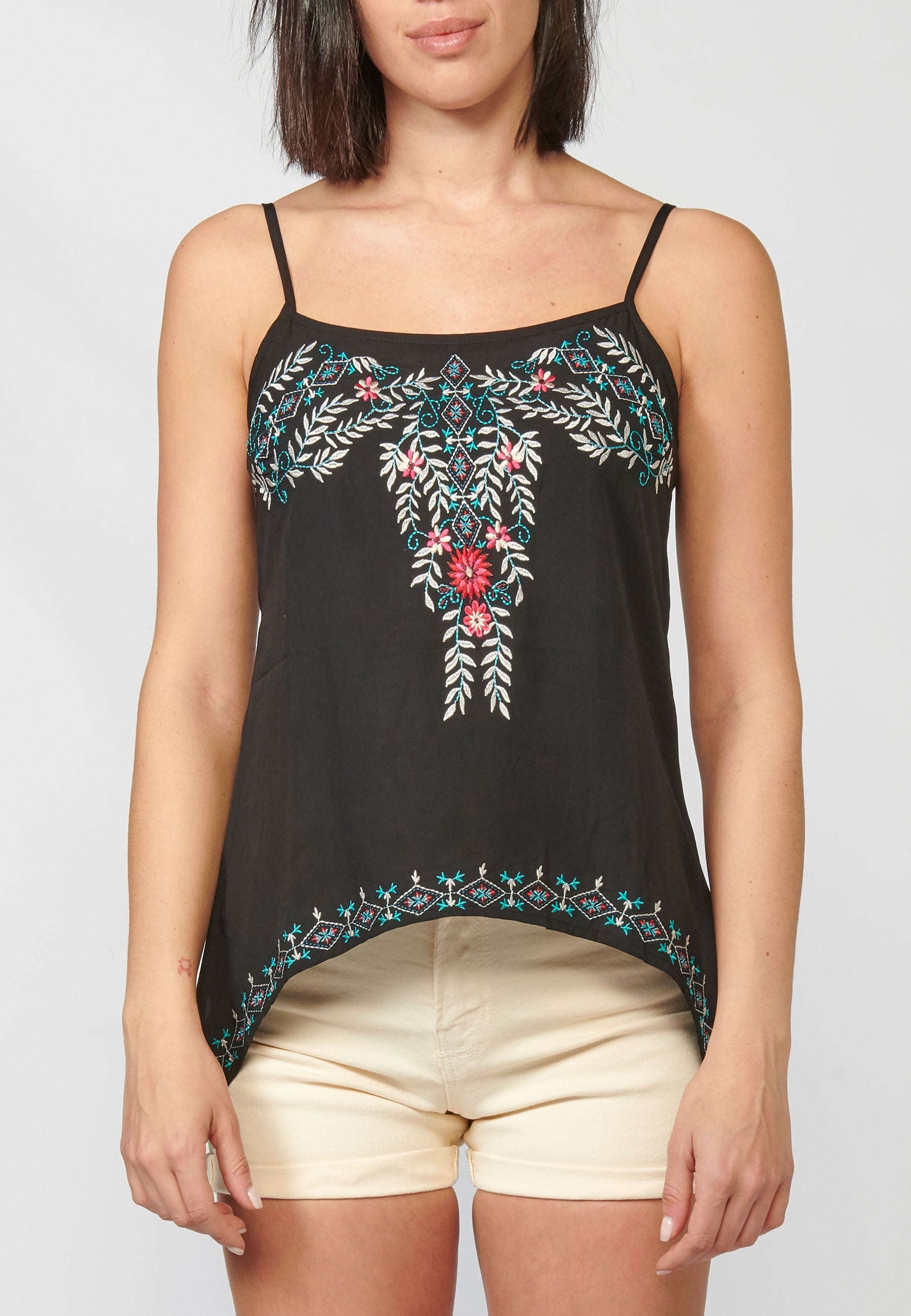 Camiseta top tirantes ajustables, acabado en picos y detalles bordados florales para mujer