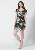 Vestido corto de manga corta, fluido, con escote redondo y detalle triángulo, estampado floral para mujer