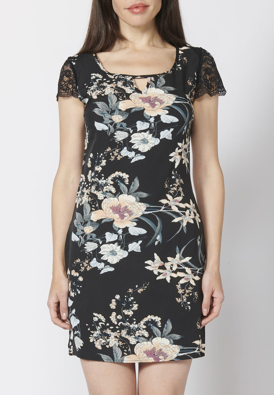 Vestido corto de manga corta, fluido, con escote redondo y detalle triángulo, estampado floral para mujer