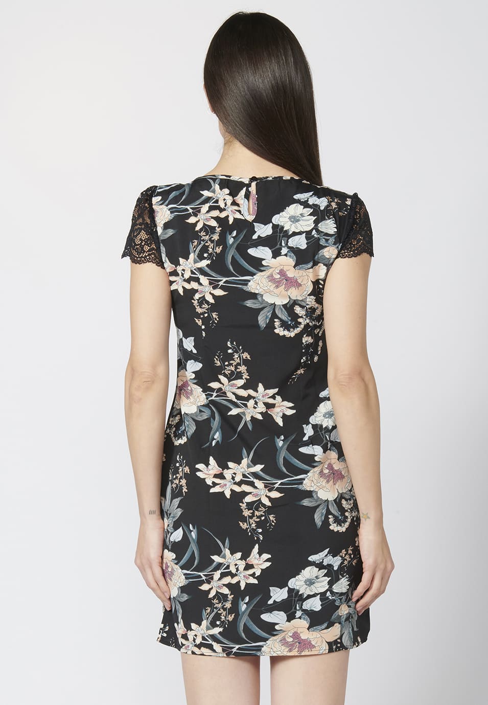 Vestido corto de manga corta, fluido, con escote redondo y detalle triángulo, estampado floral para mujer
