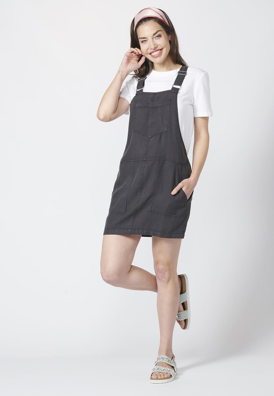 Vestido pichi tejano denim lyocell de tirantes con cinco bolsillos para mujer
