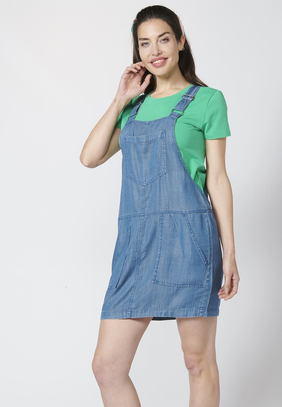 Vestido pichi tejano denim lyocell de tirantes con cinco bolsillos para mujer
