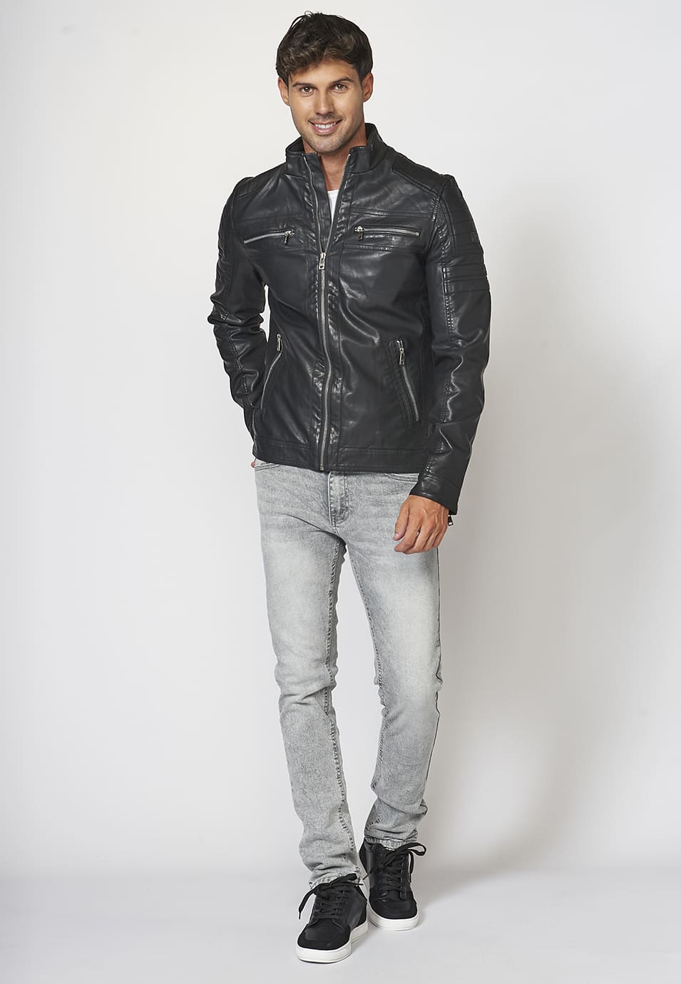 Chaqueta cazadora cuero sintético efecto piel con cuello redondo para hombre