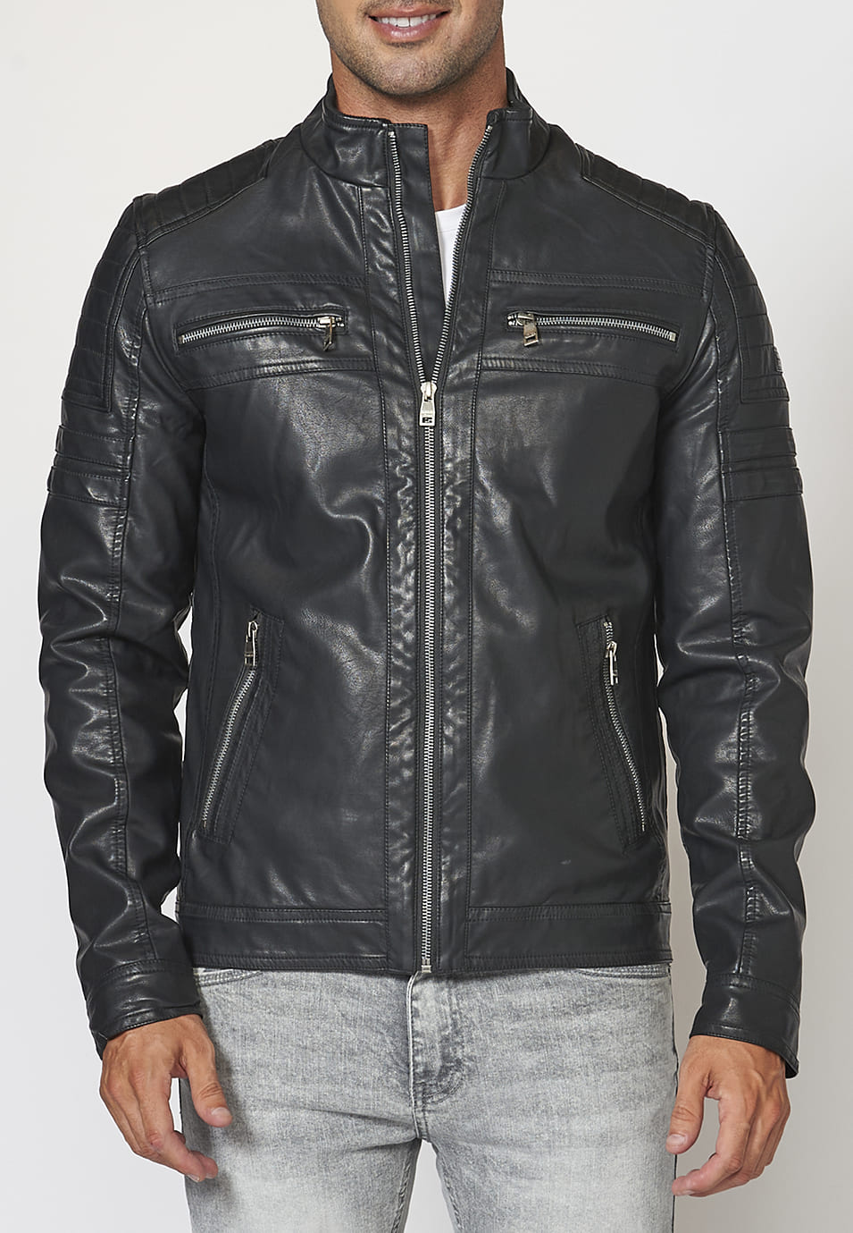 Chaqueta cazadora cuero sintético efecto piel con cuello redondo para hombre