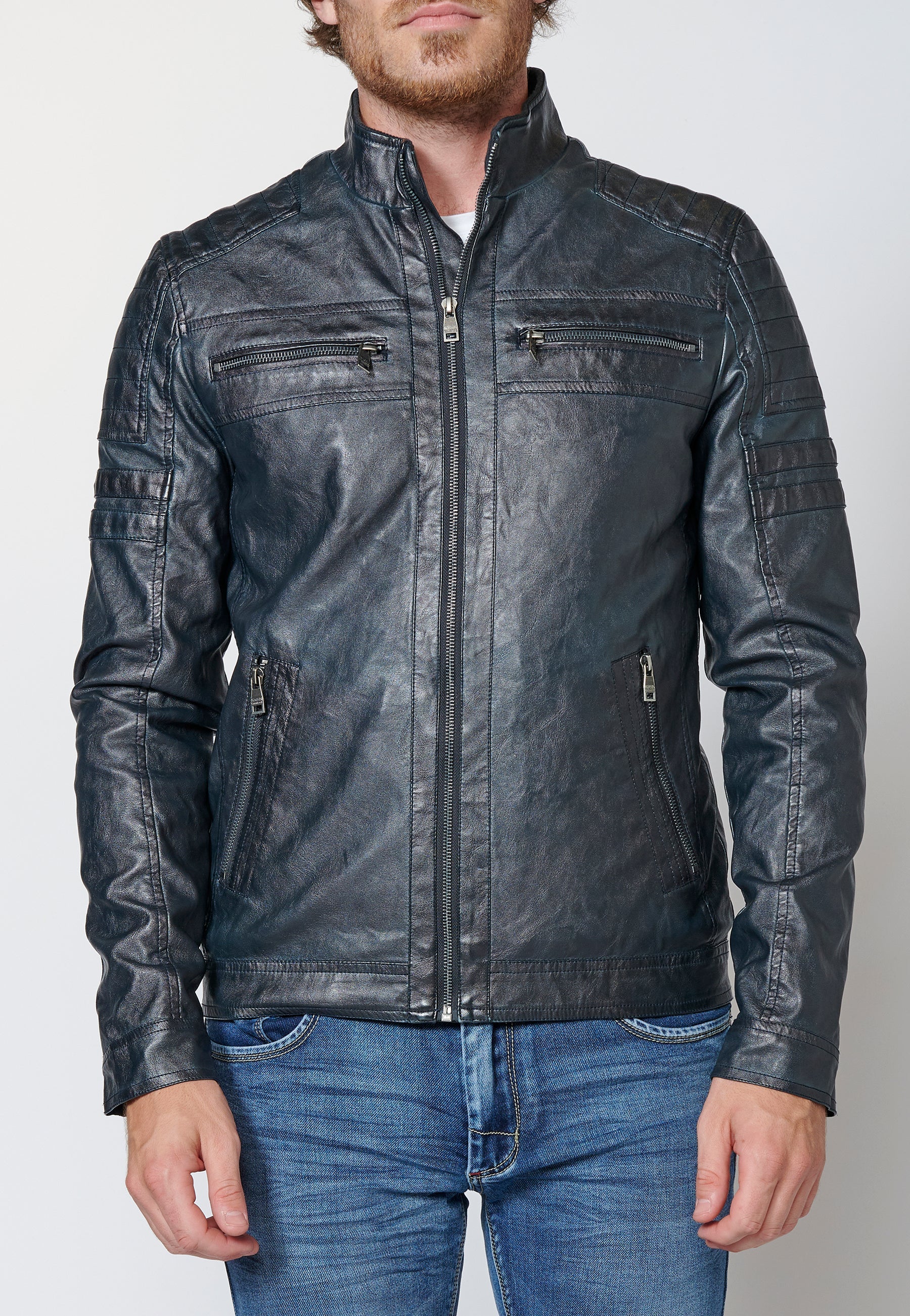 Chaqueta cazadora cuero sintético efecto piel con cuello redondo para hombre