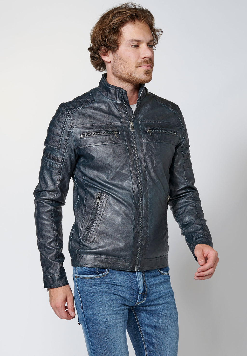 Chaqueta cazadora cuero sintético efecto piel con cuello redondo para hombre