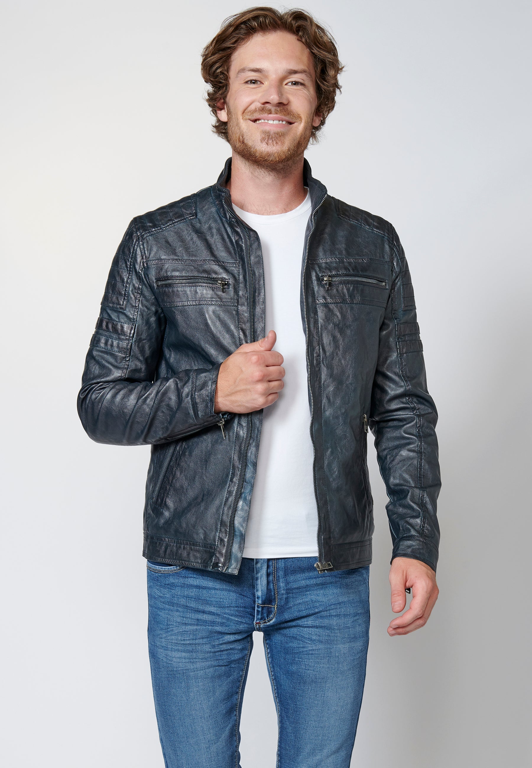 Chaqueta cazadora cuero sintético efecto piel con cuello redondo para hombre
