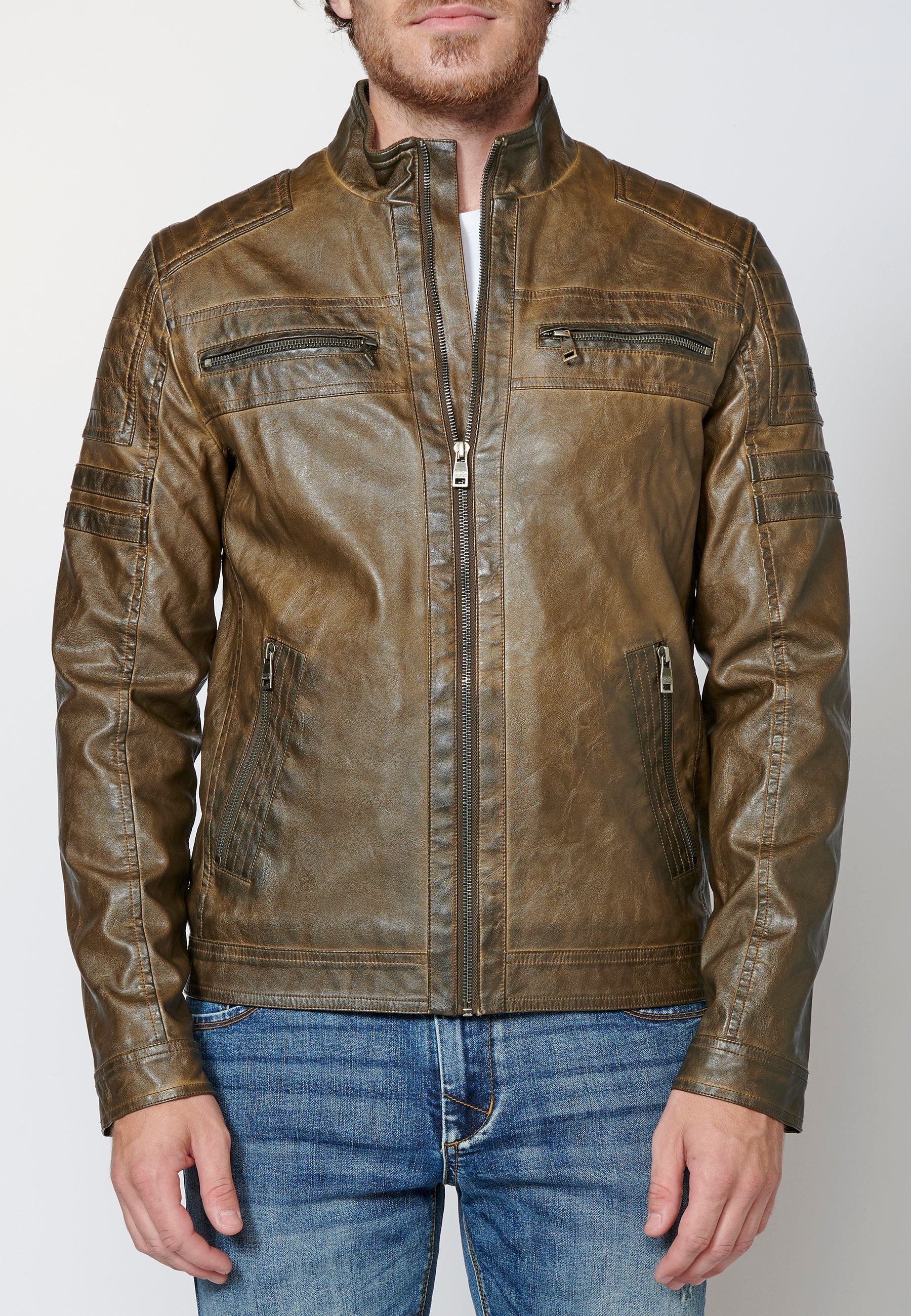 Chaqueta cazadora cuero sintético efecto piel con cuello redondo para hombre
