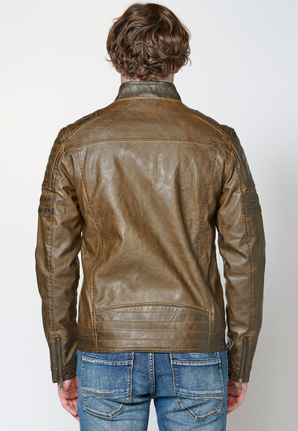 Chaqueta cazadora cuero sintético efecto piel con cuello redondo para hombre