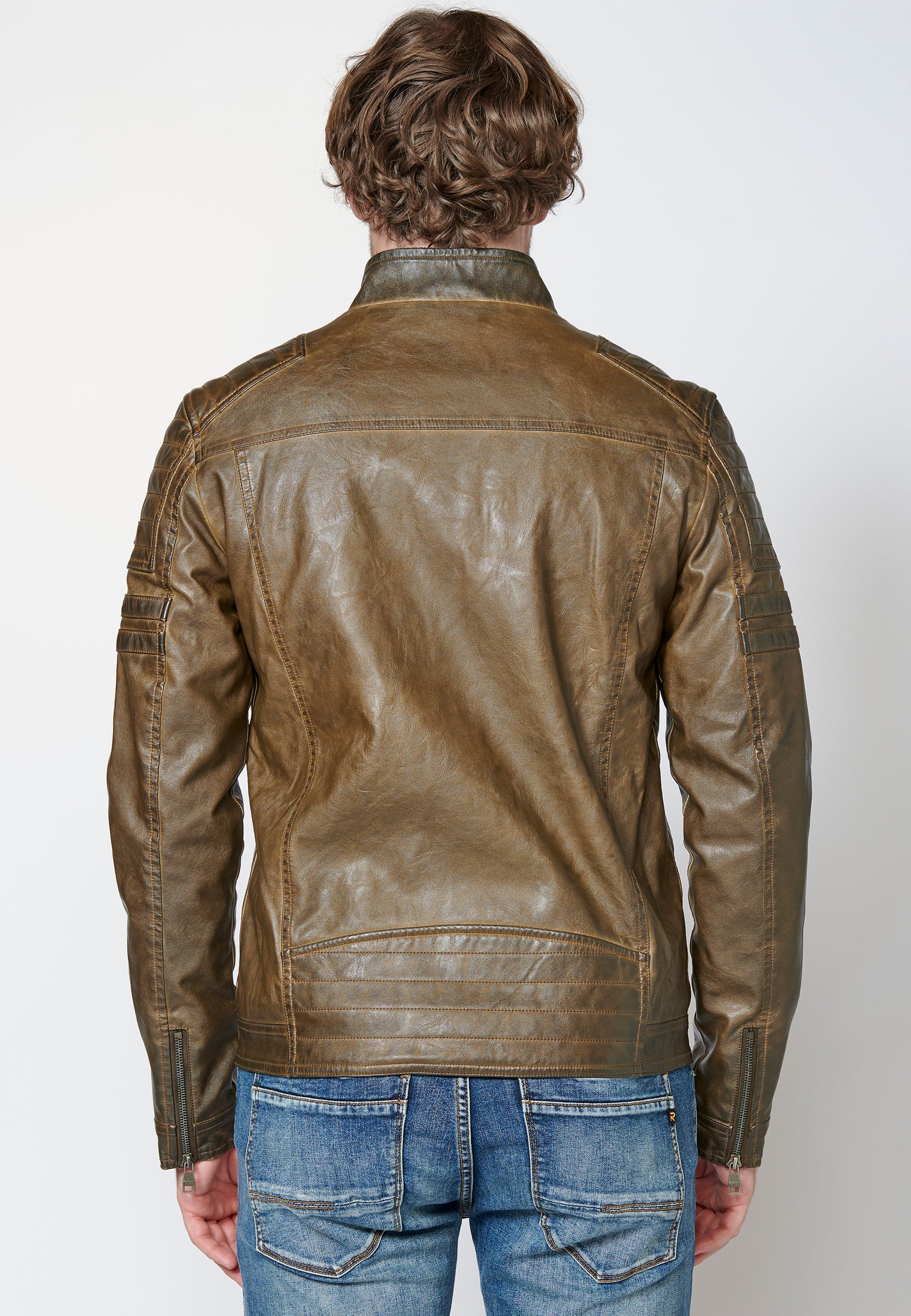 Chaqueta cazadora cuero sintético efecto piel con cuello redondo para hombre