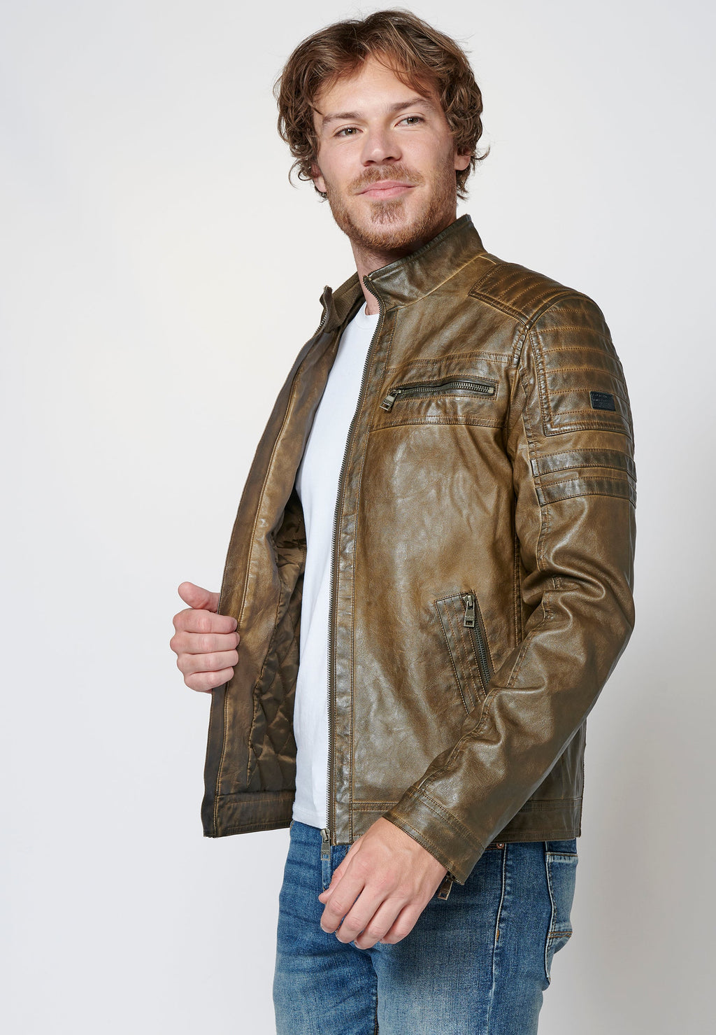 Chaqueta cazadora cuero sintético efecto piel con cuello redondo para hombre