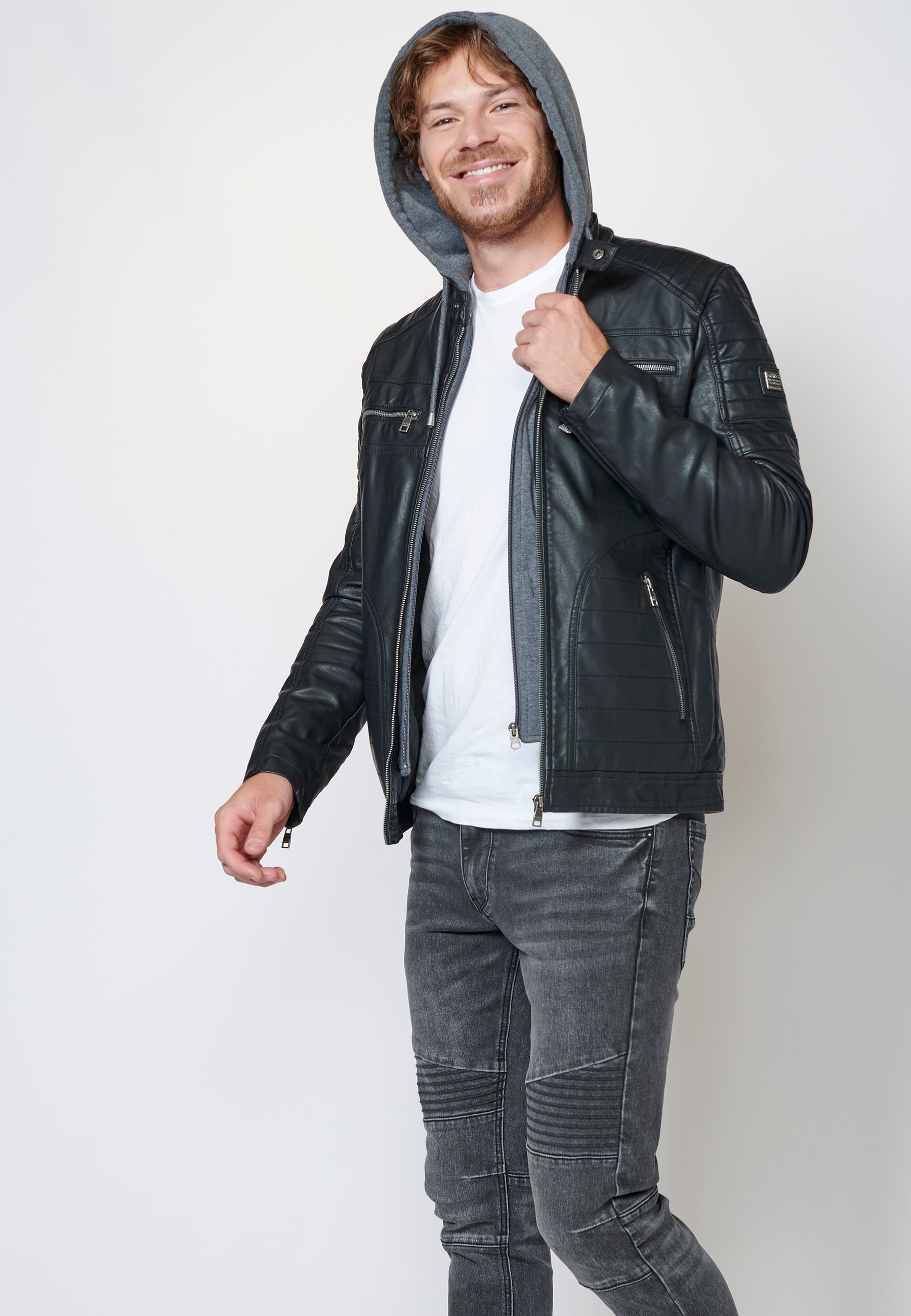 Chaqueta cazadora efecto piel cuello mao y capucha hombre