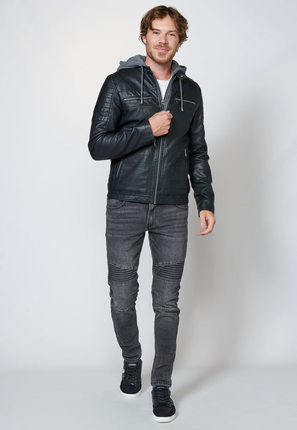 Chaqueta cazadora efecto piel cuello mao y capucha hombre
