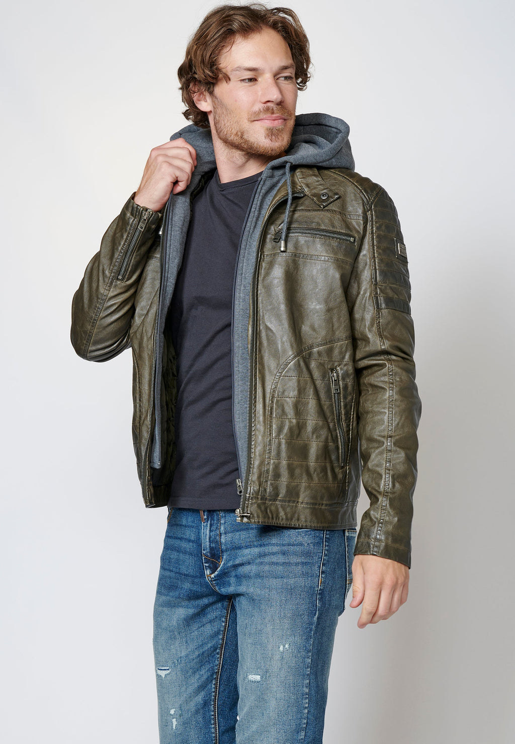 Chaqueta cazadora efecto piel cuello mao y capucha hombre