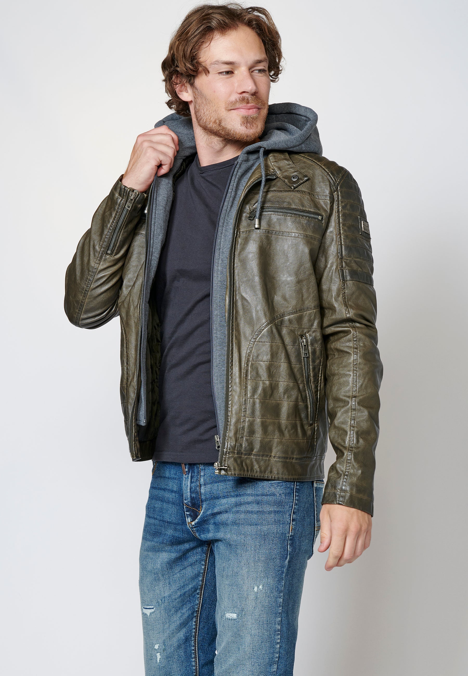 Chaqueta cazadora efecto piel cuello mao y capucha hombre