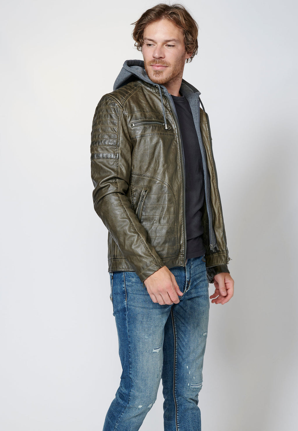 Chaqueta cazadora efecto piel cuello mao y capucha hombre