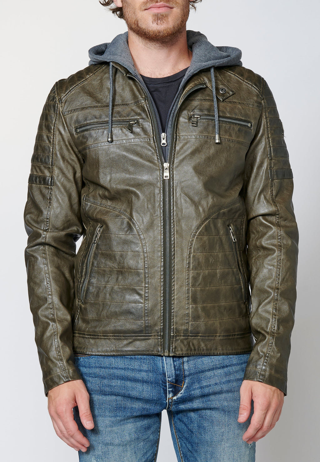 Chaqueta cazadora efecto piel cuello mao y capucha hombre