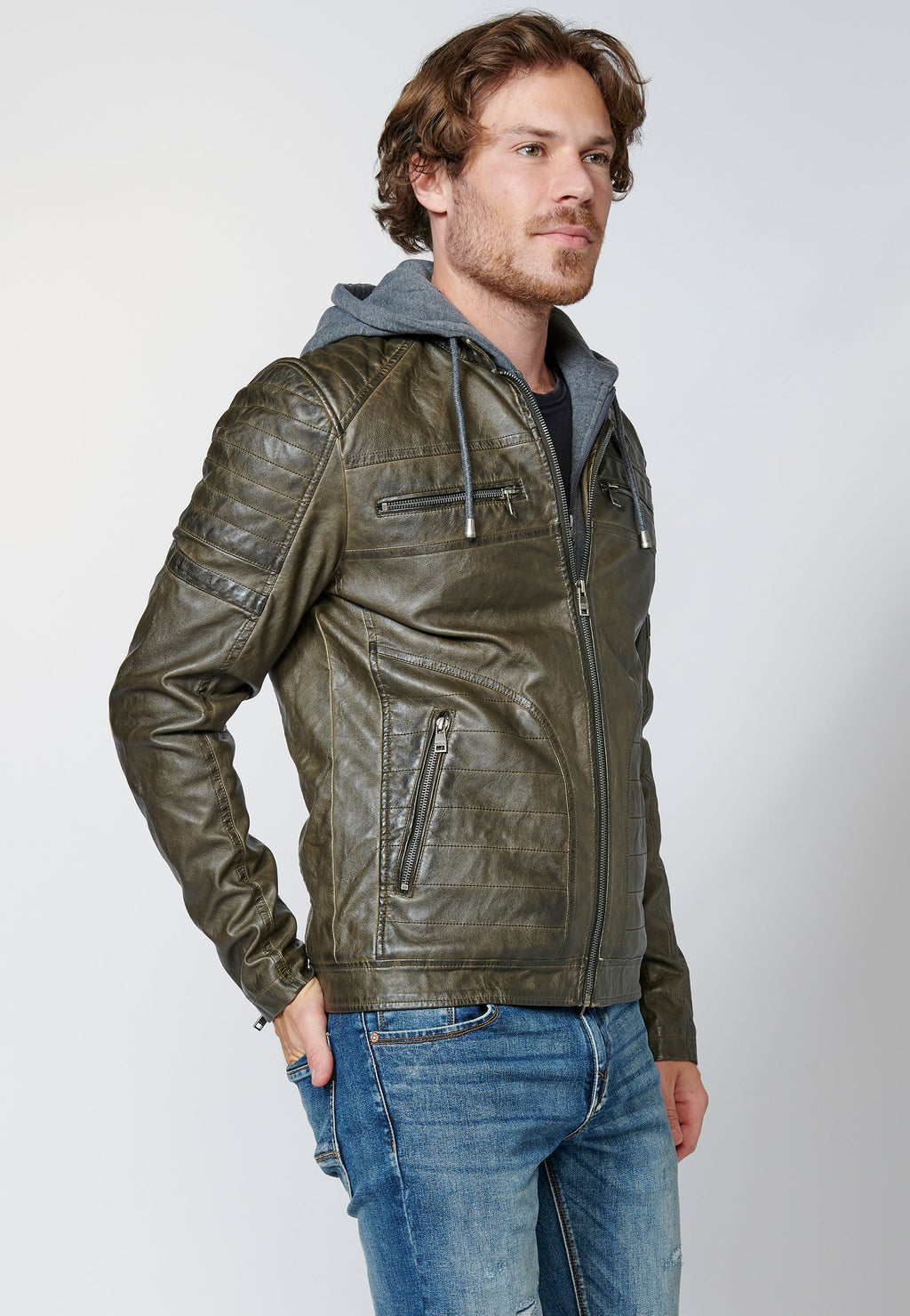Chaqueta cazadora efecto piel cuello mao y capucha hombre