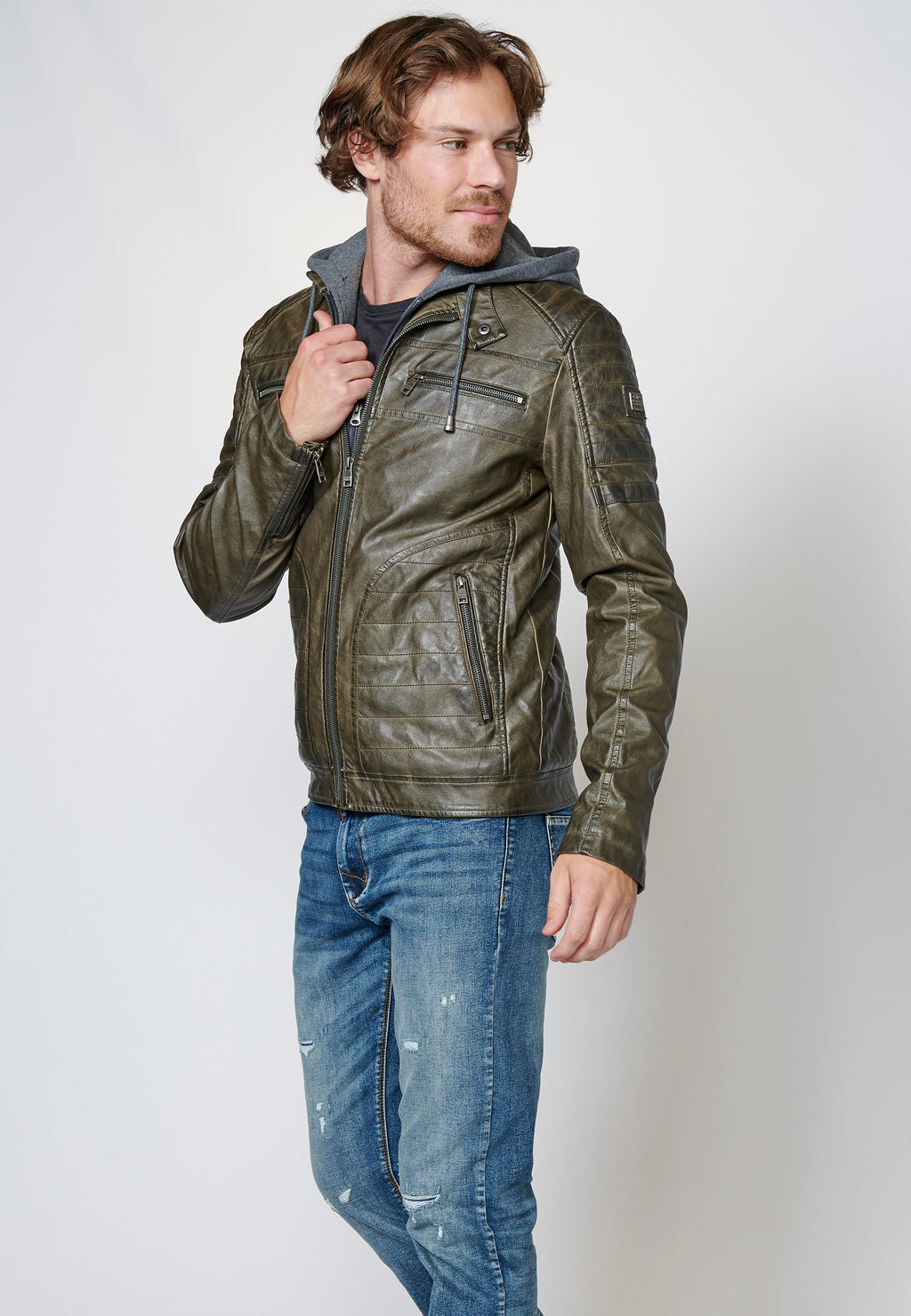 Chaqueta cazadora efecto piel cuello mao y capucha hombre