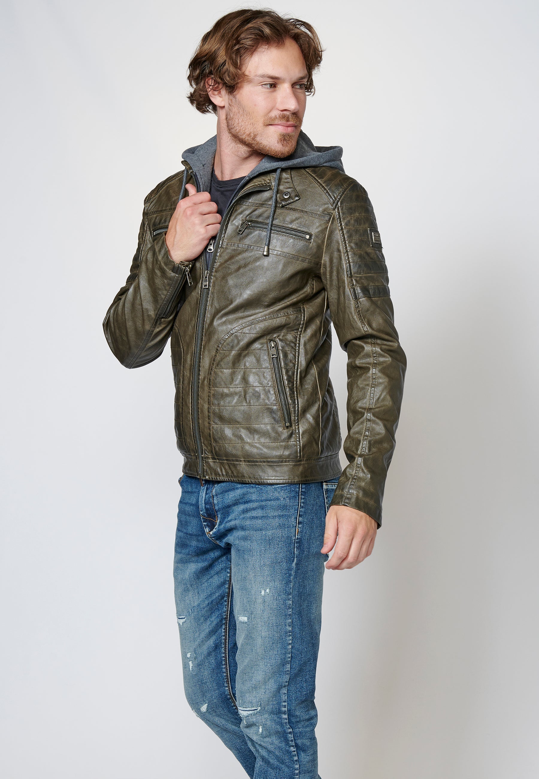 Chaqueta cazadora efecto piel cuello mao y capucha hombre