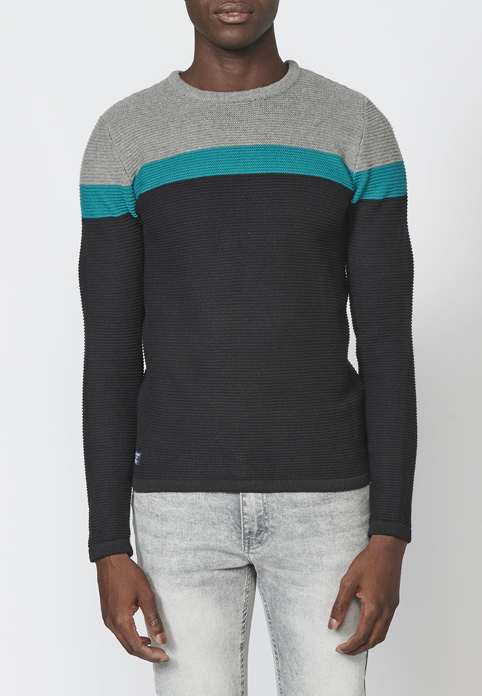 Jersey de punto con cuello redondo y estampado a franjas para hombre