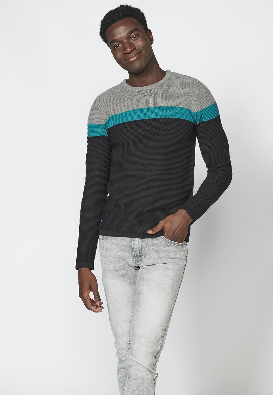 Jersey de punto con cuello redondo y estampado a franjas para hombre