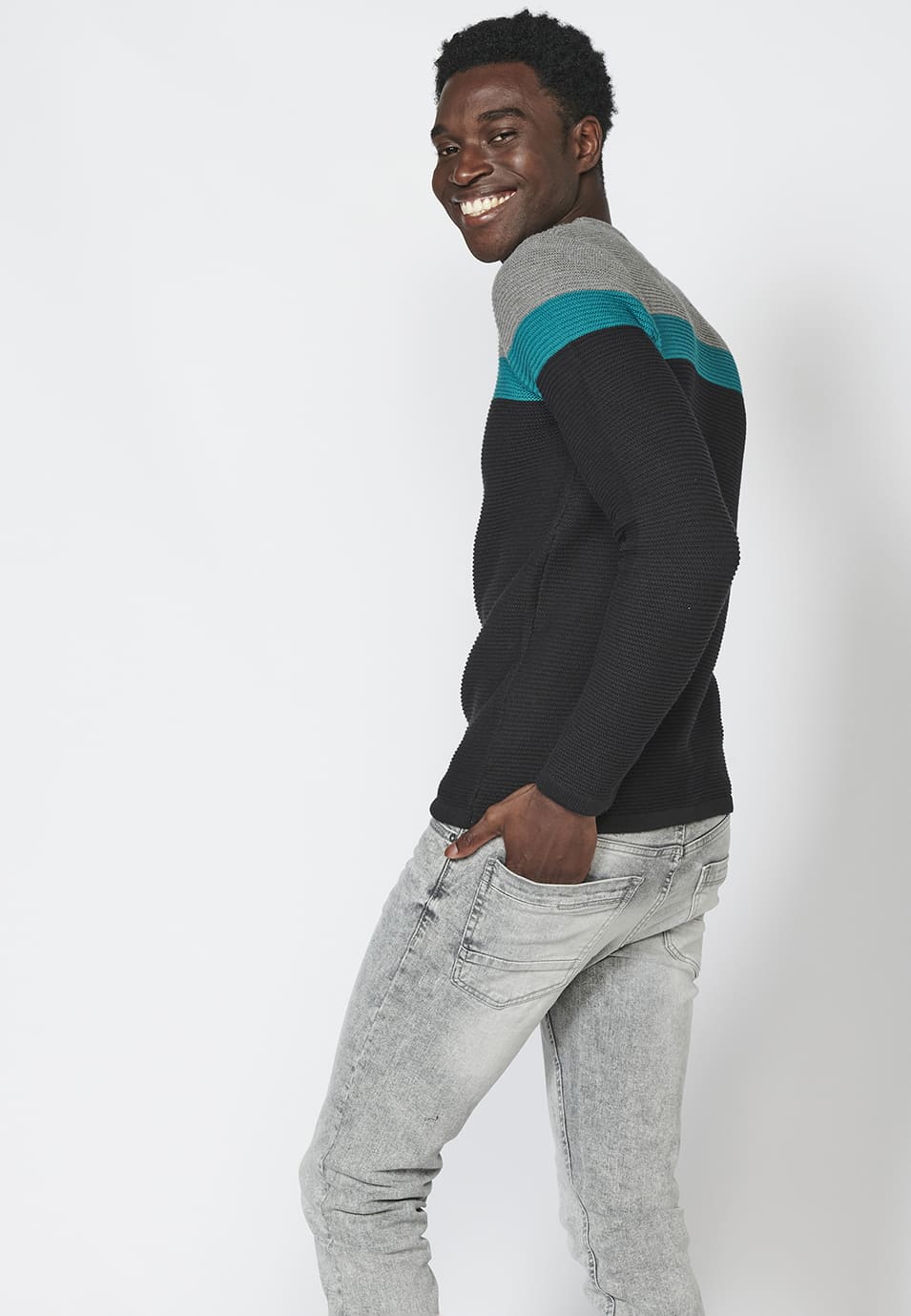Jersey de punto con cuello redondo y estampado a franjas para hombre