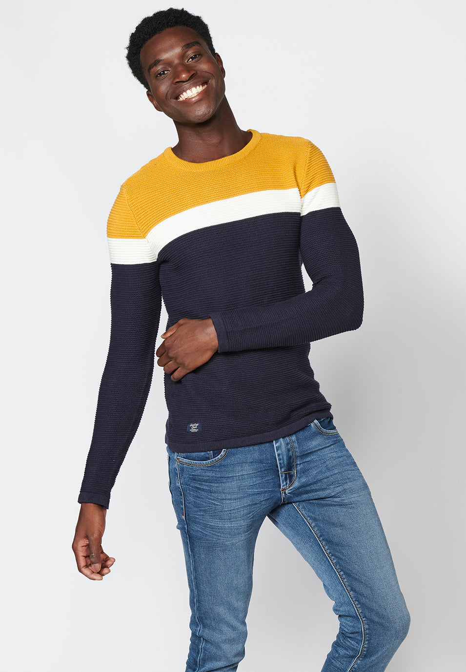 Jersey de punto con cuello redondo y estampado a franjas para hombre