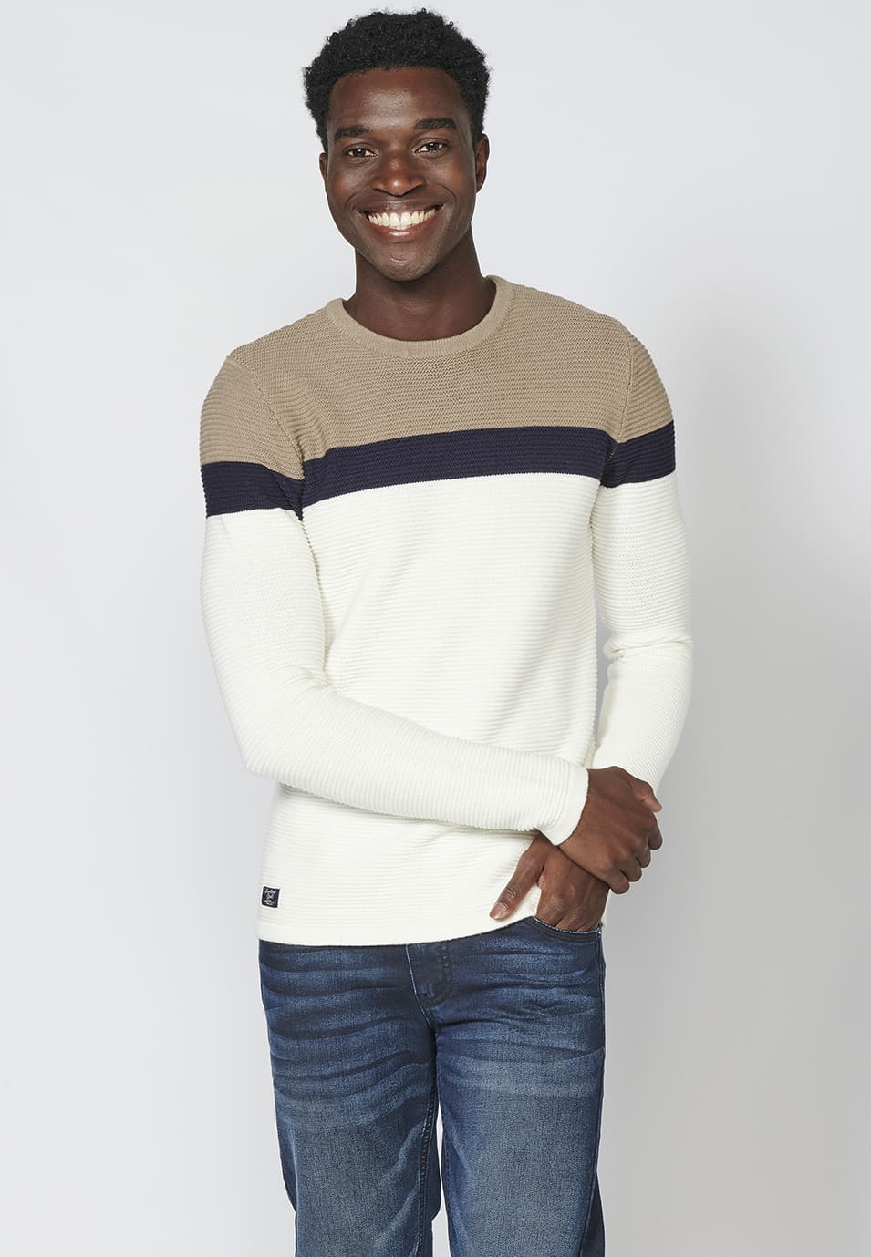 Jersey de punto con cuello redondo y estampado a franjas para hombre