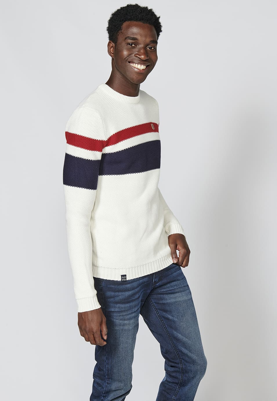 Jersey de punto con cuello redondo y estampado a rayas para hombre